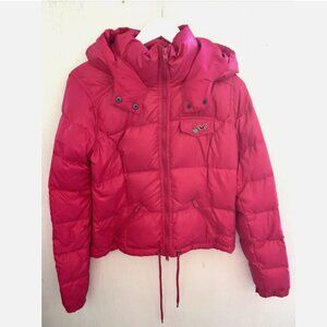 HOLLISTER Cerise Pink Down Hooded Puffer Jacket Pockets Logo Size M